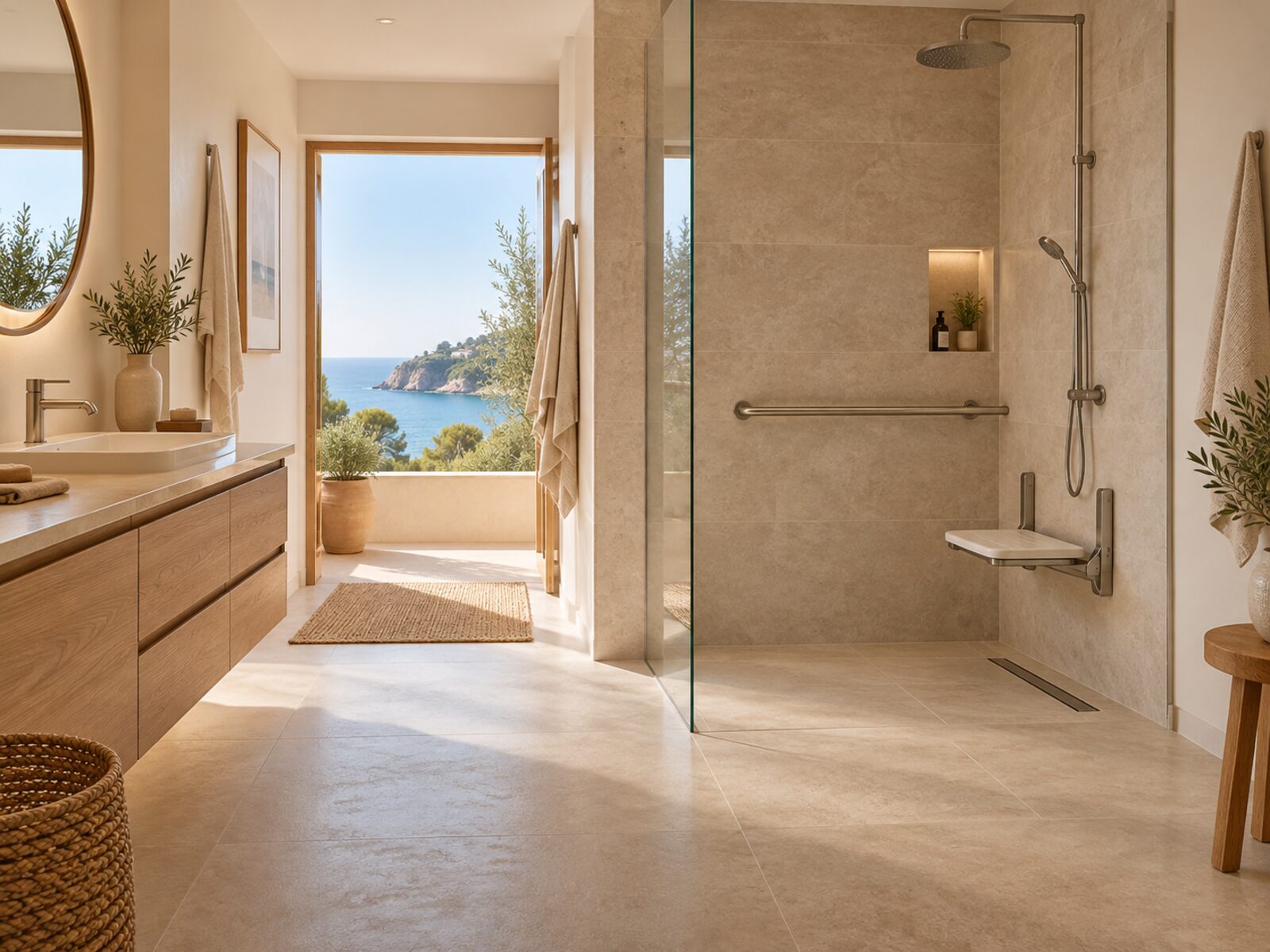 Concept d'une salle de bain avec douche de plain-pied, siège et barre d'appui