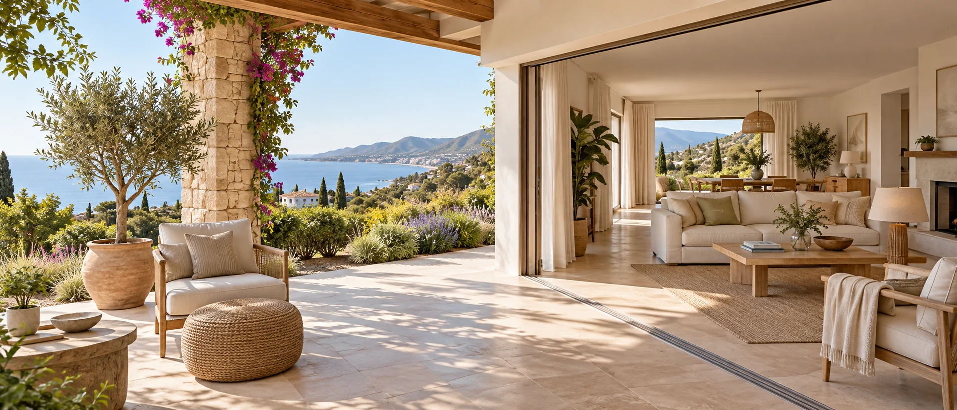 Concept de maison méditerranéenne avec terrasse, jardin et vue sur la mer